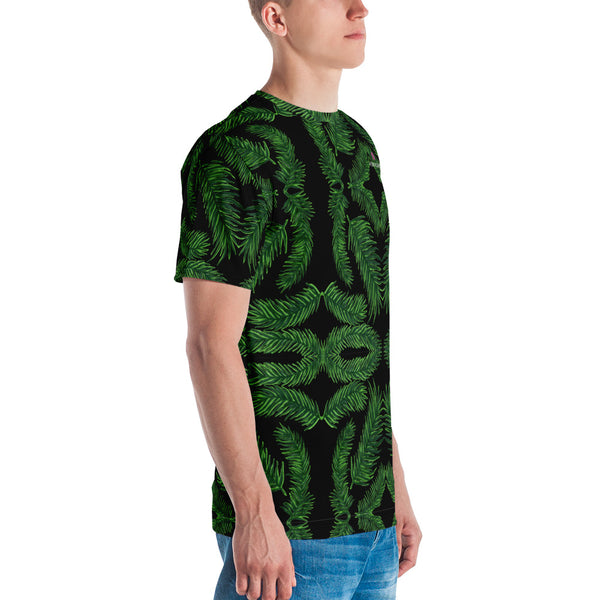 Green Palm Leaf Men's T-shirt, Black Tropical Leaves Hawaiian Style Leaves Print Best Tee Crew Neck Premium Polyester Regular Fit Tee-Made in USA/EU/MX (US Size, XS-2XL), Luxury Graphic T-Shirt For Men, Best Marbled Printed Tee, Crew Neck T-shirt, Men's T-Shirt Apparel