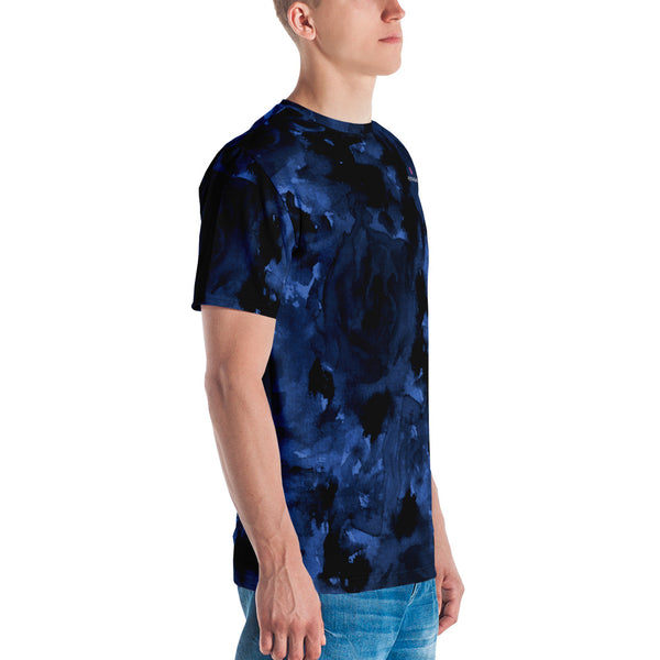 Navy Blue Abstract Men's T-shirt, Floral Blue Printed Best Tee Crew Neck Premium Polyester Regular Fit Tee-Made in USA/EU/MX (US Size, XS-2XL), Luxury Graphic T-Shirt For Men, Best Printed Tee, Crew Neck T-shirt, Men's T-Shirt Apparel