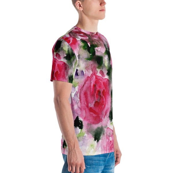 Pink Floral Rose Men's T-shirt, Flower Abstract Printed Luxury Men's Tee, Best Tee Crew Neck Premium Polyester Regular Fit Tee-Made in USA/EU/MX (US Size, XS-2XL), Luxury Graphic T-Shirt For Men, Best Printed Tee, Crew Neck T-shirt, Men's T-Shirt Apparel