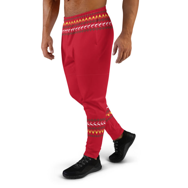 Red Christmas Reindeer Men's Joggers, Festive Xmas Casual Reindeer Sweatpants For Men, Modern Slim-Fit Designer Ultra Soft & Comfortable Men's Joggers, Men's Jogger Pants-Made in EU/MX (US Size: XS-3XL)