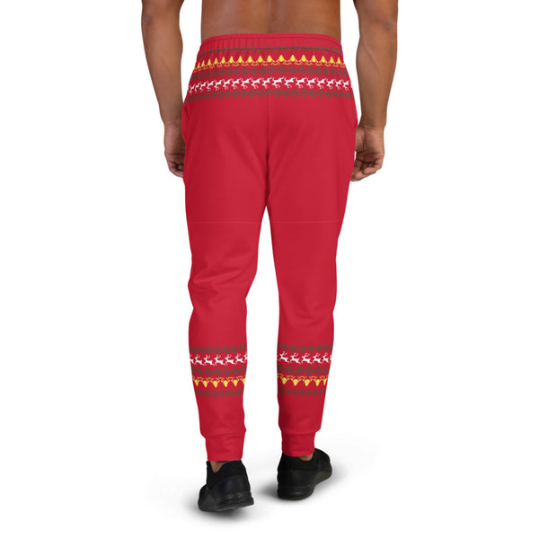 Red Christmas Reindeer Men's Joggers, Festive Xmas Casual Reindeer Sweatpants For Men, Modern Slim-Fit Designer Ultra Soft & Comfortable Men's Joggers, Men's Jogger Pants-Made in EU/MX (US Size: XS-3XL)