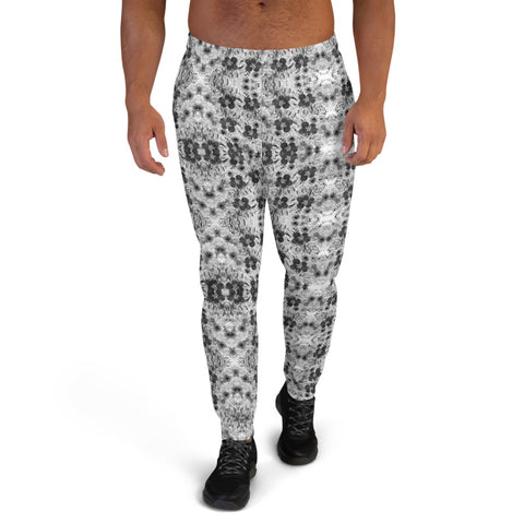 Grey White Floral Men's Joggers, Gray Flower Abstract Print Best Designer Comfy Sweatpants For Men, Premium Men's Jogger Pants-Made in EU/MX (US Size: XS-3XL)