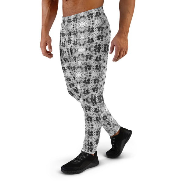 Grey White Floral Men's Joggers, Gray Flower Abstract Print Best Designer Comfy Sweatpants For Men, Premium Men's Jogger Pants-Made in EU/MX (US Size: XS-3XL)