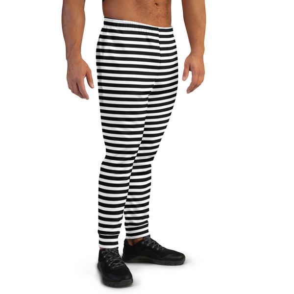 White Black Stripes Men's Joggers, Modern Horizontally Striped Comfy Pants, Black White Minimalist Men's Joggers, Simple Best Designer Sweatpants For Men, Premium Men's Jogger Pants-Made in EU/MX (US Size: XS-3XL)