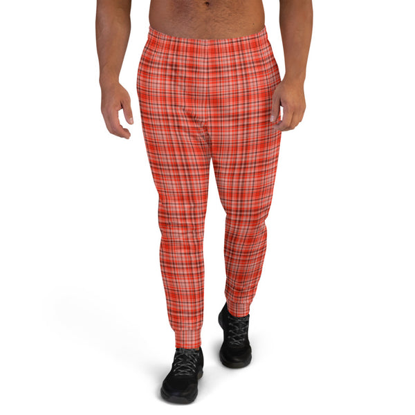 Red Plaid Print Men's Joggers, Classic Scottish Plaid Print Sweatpants For Men, Modern Slim-Fit Designer Ultra Soft & Comfortable Men's Joggers, Men's Jogger Pants-Made in EU/MX (US Size: XS-3XL)