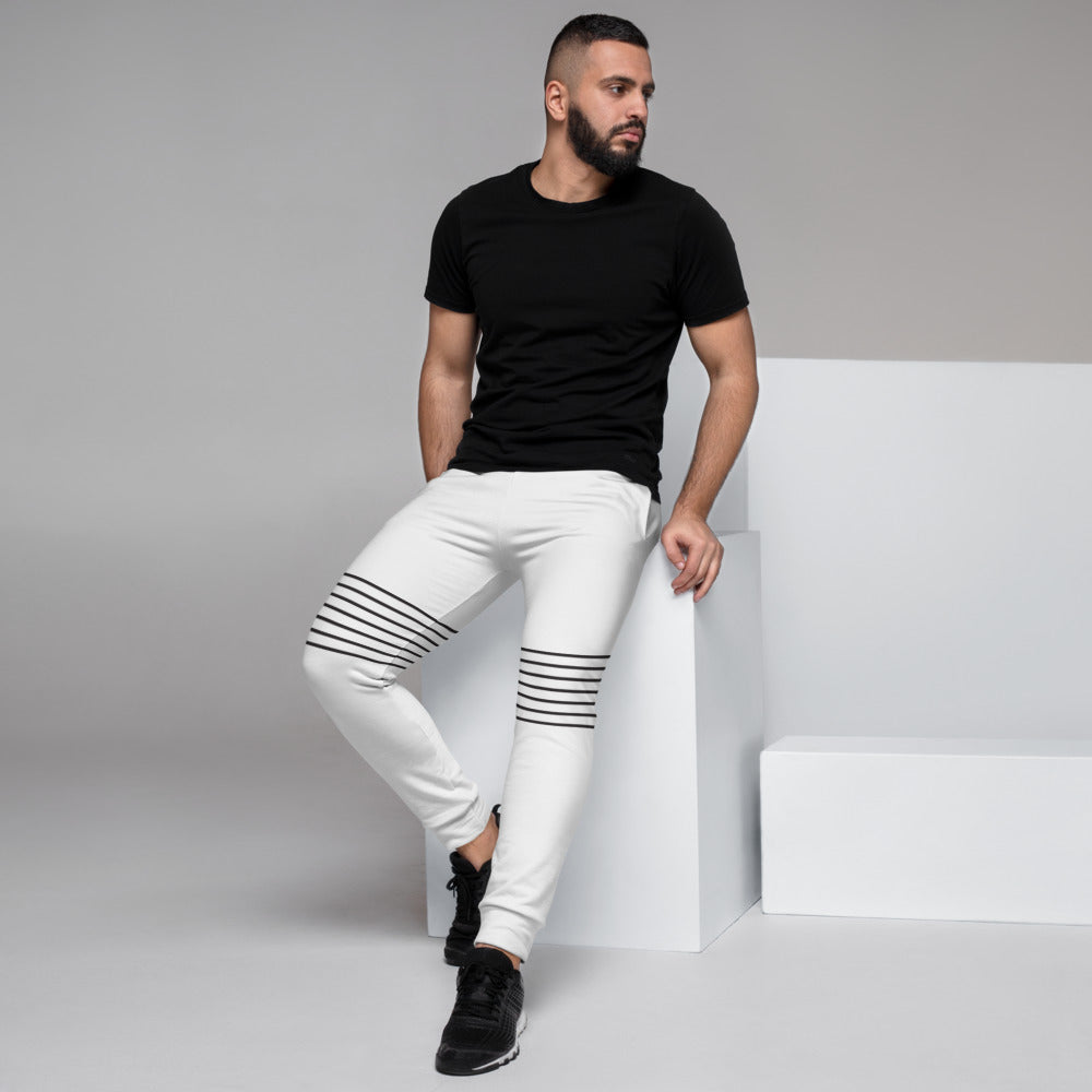 Black White Striped Men's Joggers, Black Modern Designer White Sweatpants For Men, Modern Slim-Fit Designer Ultra Soft & Comfortable Men's Joggers, Men's Jogger Pants-Made in EU/MX (US Size: XS-3XL)