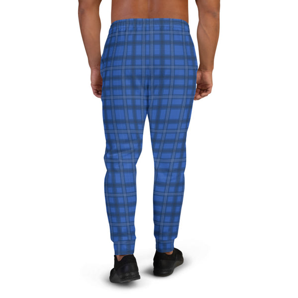Royal Blue Plaid Men's Joggers, Scottish Style Tartan Print Designer Best Sweatpants For Men, Modern Slim-Fit Designer Ultra Soft & Comfortable Men's Joggers, Men's Jogger Pants-Made in EU/MX (US Size: XS-3XL)