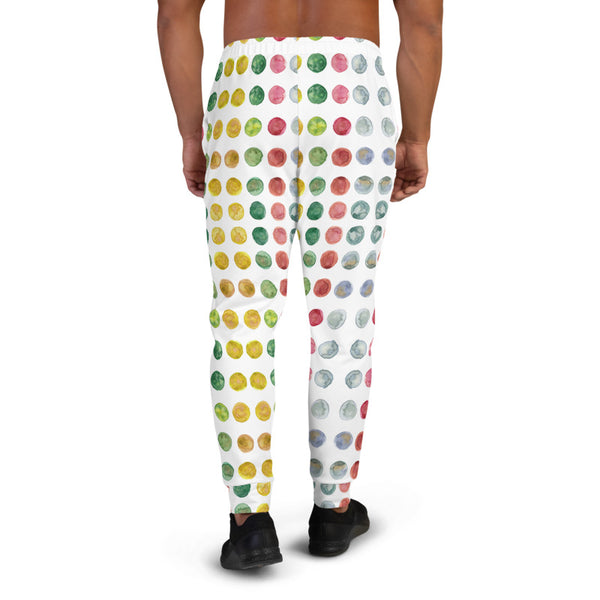 Colorful White Multicolored Dots Sweatpants, Nordic Watercolor Polka Dots Print Sweatpants For Men, Modern Slim-Fit Designer Ultra Soft & Comfortable Men's Joggers, Men's Jogger Pants-Made in EU/MX (US Size: XS-3XL)