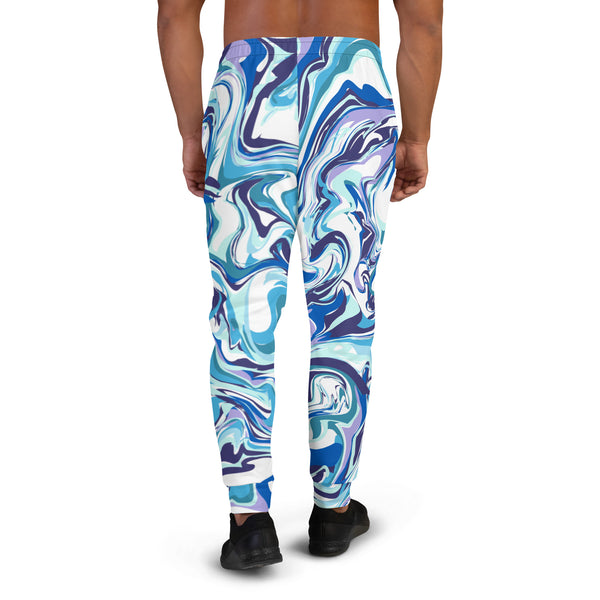 Blue Abstract Designer Men's Joggers, Marbled Abstract Print Sweatpants For Men, Modern Slim-Fit Designer Ultra Soft & Comfortable Men's Joggers, Men's Jogger Pants-Made in EU/MX (US Size: XS-3XL) Marble Joggers, Performance Jogger Pants For Men 
