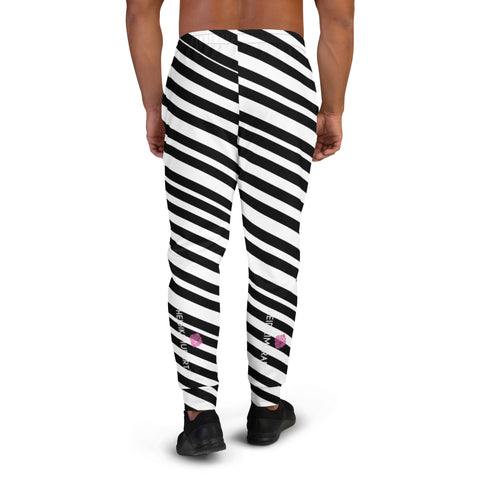 Black White Stripes Men's Joggers, Diagonally Striped Designer Colorful Best Quality Rave Party Gay-Friendly Designer Ultra Soft & Comfortable Men's Joggers, Men's Jogger Pants-Made in USA/MX/EU (US Size: XS-3XL)