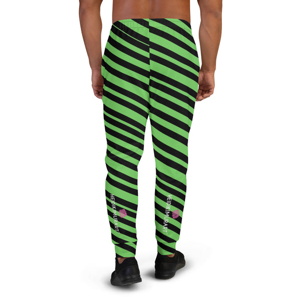 Black Green Stripes Men's Joggers, Diagonally Striped Designer Colorful Best Quality Rave Party Gay-Friendly Designer Ultra Soft & Comfortable Men's Joggers, Men's Jogger Pants-Made in USA/MX/EU (US Size: XS-3XL)