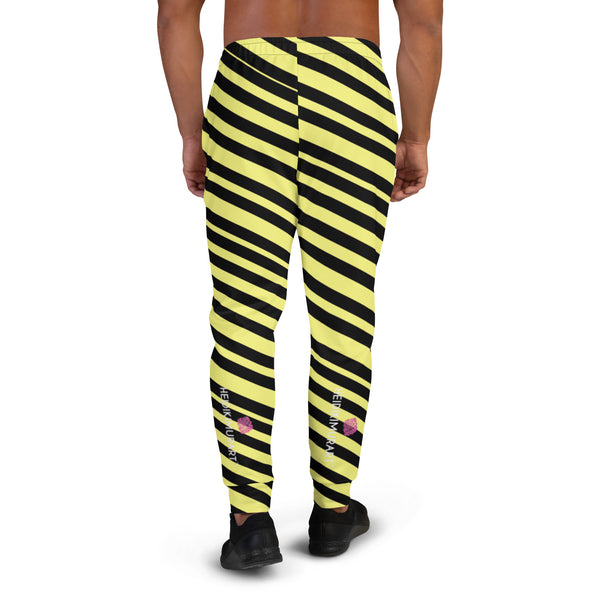 Black Yellow Stripes Men's Joggers, Diagonally Striped Designer Colorful Best Quality Rave Party Gay-Friendly Designer Ultra Soft & Comfortable Men's Joggers, Men's Jogger Pants-Made in USA/MX/EU (US Size: XS-3XL)
