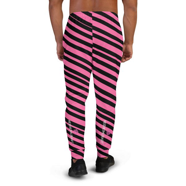 Black Pink Stripes Men's Joggers, Diagonally Striped Designer Colorful Best Quality Rave Party Gay-Friendly Designer Ultra Soft & Comfortable Men's Joggers, Men's Jogger Pants-Made in USA/MX/EU (US Size: XS-3XL)