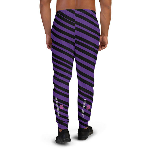 Black Purple Stripes Men's Joggers, Diagonally Striped Designer Colorful Best Quality Rave Party Gay-Friendly Designer Ultra Soft & Comfortable Men's Joggers, Men's Jogger Pants-Made in USA/MX/EU (US Size: XS-3XL)