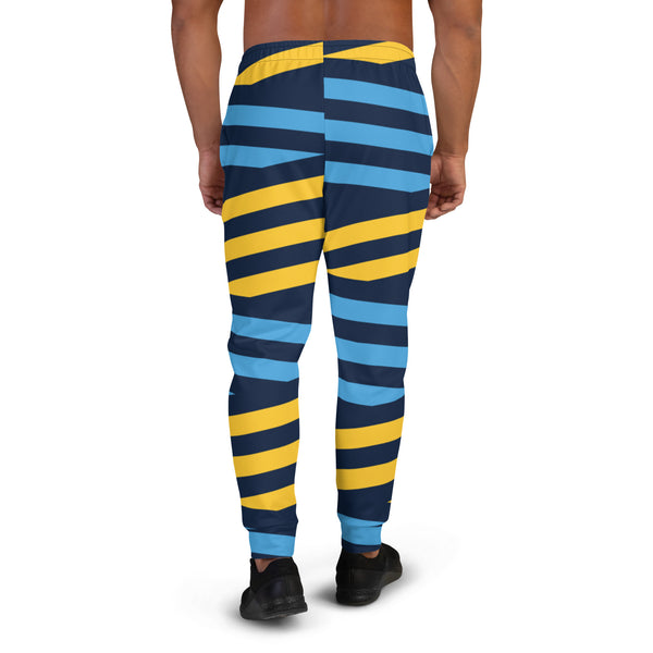 Blue Yellow Striped Men's Joggers, Colorful Geometric Casual&nbsp;Minimalist Slim-Fit&nbsp;Designer Ultra Soft &amp; Comfortable Men's Joggers, Men's Jogger Pants-Made in USA/EU/MX (US Size: XS-3XL)&nbsp;&nbsp;