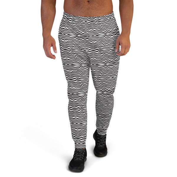 Black White Wavy Men's Joggers, Modern Premium Quality Best Designer Abstract Sweatpants For Men, Modern Slim-Fit Designer Ultra Soft & Comfortable Men's Joggers, Men's Jogger Pants-Made in EU/MX (US Size: XS-3XL)