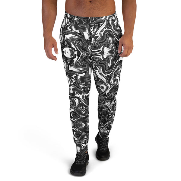 Black Marbled Men's Joggers, Abstract Black Marble Print Abstract Sweatpants For Men, Modern Slim-Fit Designer Ultra Soft & Comfortable Men's Joggers, Men's Jogger Pants-Made in EU/MX (US Size: XS-3XL)
