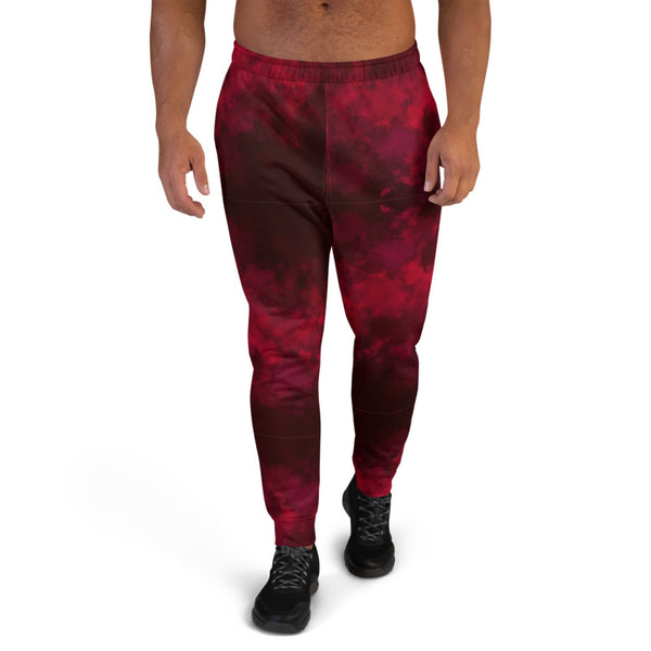 Red Abstract Men's Joggers, Dark Red Premium Slim Fit Sweatpants For Men-Made in EU/MX - Heidikimurart Limited 