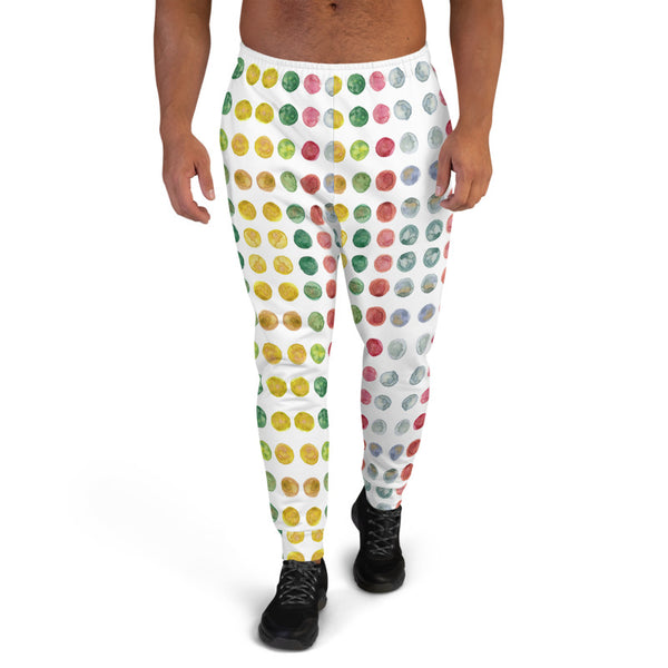 Colorful White Multicolored Dots Sweatpants, Nordic Watercolor Polka Dots Print Sweatpants For Men, Modern Slim-Fit Designer Ultra Soft & Comfortable Men's Joggers, Men's Jogger Pants-Made in EU/MX (US Size: XS-3XL)