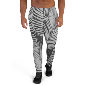 Grey Palm Leaves Men's Joggers, Tropical Leaf Print Designer Best Quality Rave Party Gay-Friendly Designer Ultra Soft & Comfortable Men's Joggers, Men's Jogger Pants-Made in USA/MX/EU (US Size: XS-3XL)