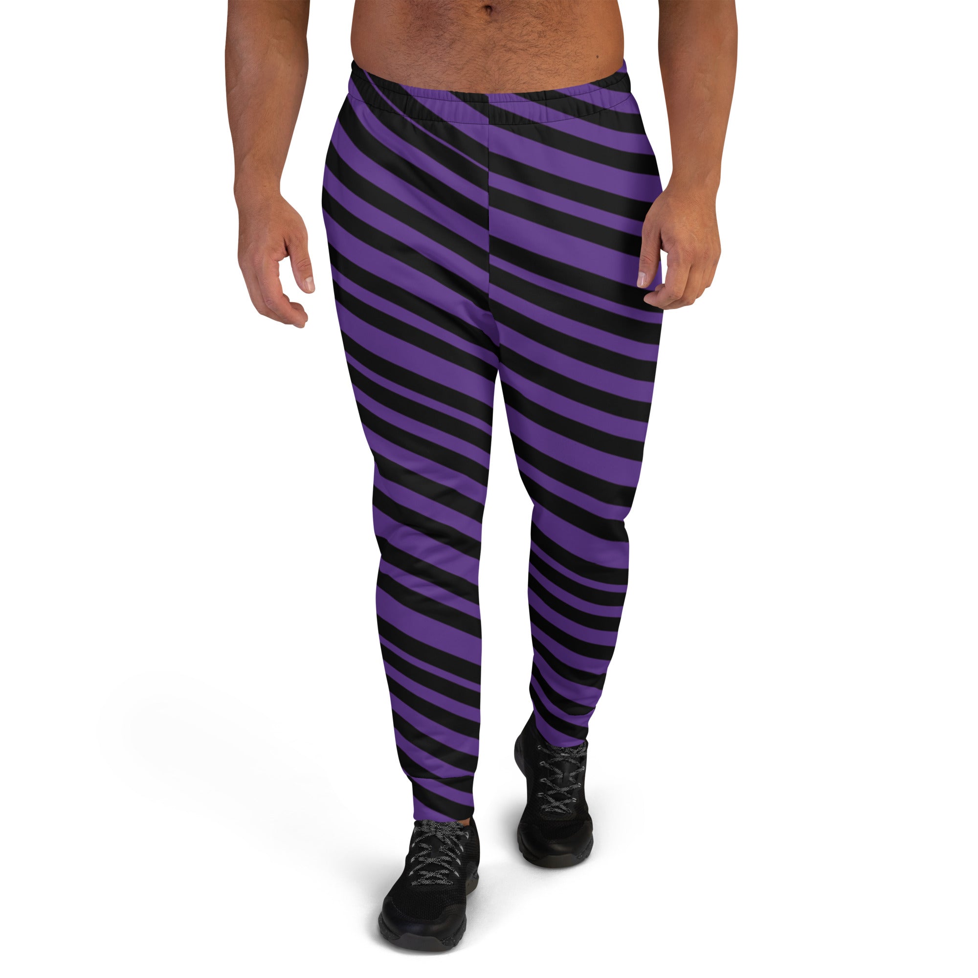 Black Purple Stripes Men's Joggers, Diagonally Striped Designer Colorful Best Quality Rave Party Gay-Friendly Designer Ultra Soft & Comfortable Men's Joggers, Men's Jogger Pants-Made in USA/MX/EU (US Size: XS-3XL)
