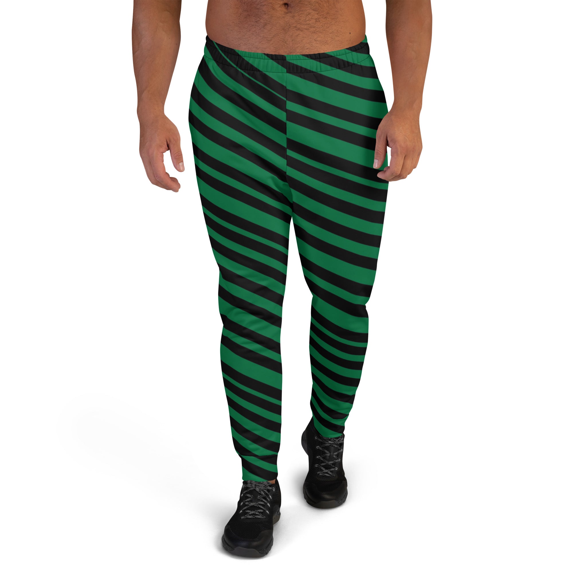Black Green Stripes Men's Joggers, Diagonally Striped Designer Rave Party Gay-Friendly Designer Ultra Soft & Comfortable Men's Joggers, Men's Jogger Pants-Made in USA/MX/EU (US Size: XS-3XL)