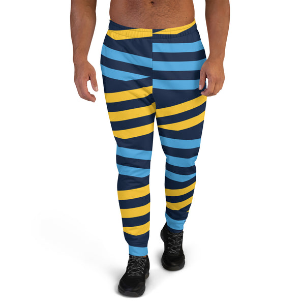 Blue Yellow Striped Men's Joggers, Colorful Geometric Casual&nbsp;Minimalist Slim-Fit&nbsp;Designer Ultra Soft &amp; Comfortable Men's Joggers, Men's Jogger Pants-Made in USA/EU/MX (US Size: XS-3XL)&nbsp;&nbsp;