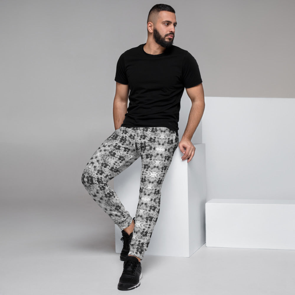 Grey Floral Print Men's Joggers, Abstract Flower Print Best Sweatpants For Men, Modern Slim-Fit Designer Ultra Soft & Comfortable Men's Joggers, Men's Jogger Pants-Made in EU/MX (US Size: XS-3XL)
