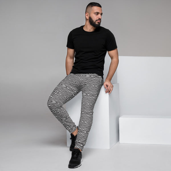 Black White Wavy Men's Joggers, Modern Premium Quality Best Designer Abstract Sweatpants For Men, Modern Slim-Fit Designer Ultra Soft & Comfortable Men's Joggers, Men's Jogger Pants-Made in EU/MX (US Size: XS-3XL)