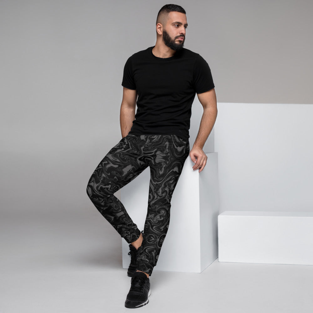 Black Grey Marbled Men's Joggers, Abstract Black Gray Marble Print Abstract Sweatpants For Men, Modern Slim-Fit Designer Ultra Soft & Comfortable Men's Joggers, Men's Jogger Pants-Made in EU/MX (US Size: XS-3XL)