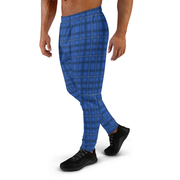 Royal Blue Plaid Men's Joggers, Scottish Style Tartan Print Designer Best Sweatpants For Men, Modern Slim-Fit Designer Ultra Soft & Comfortable Men's Joggers, Men's Jogger Pants-Made in EU/MX (US Size: XS-3XL)