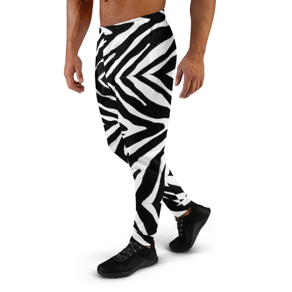 White Zebra Print Men's Joggers, Zebra Animal Striped Print Sweatpants For Men, Modern Slim-Fit Designer Ultra Soft & Comfortable Men's Joggers, Men's Jogger Pants-Made in EU/MX (US Size: XS-3XL)