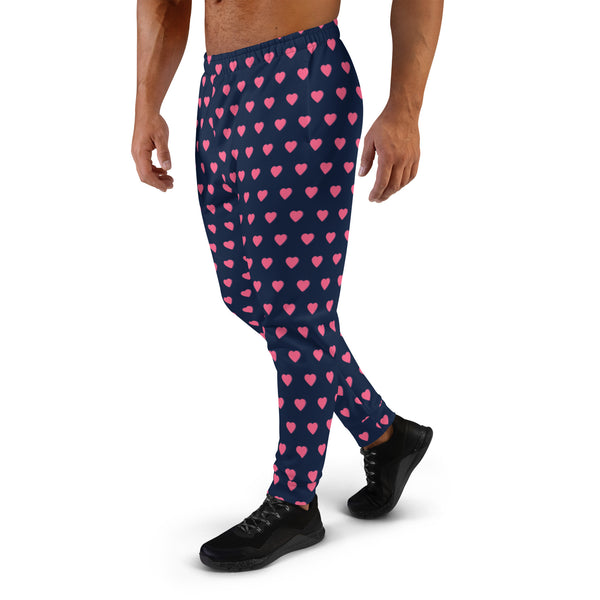 Pink Hearts Green Men's Joggers, Valentine's Day Print Sweatpants For Men, Modern Slim-Fit Designer Ultra Soft & Comfortable Men's Joggers, Men's Jogger Pants-Made in EU/MX (US Size: XS-3XL) Heart Joggers, Performance Jogger Pants For Men 