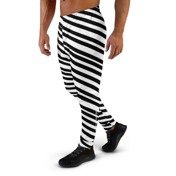 Black White Stripes Men's Joggers, Diagonally Striped Designer Colorful Best Quality Rave Party Gay-Friendly Designer Ultra Soft & Comfortable Men's Joggers, Men's Jogger Pants-Made in USA/MX/EU (US Size: XS-3XL)