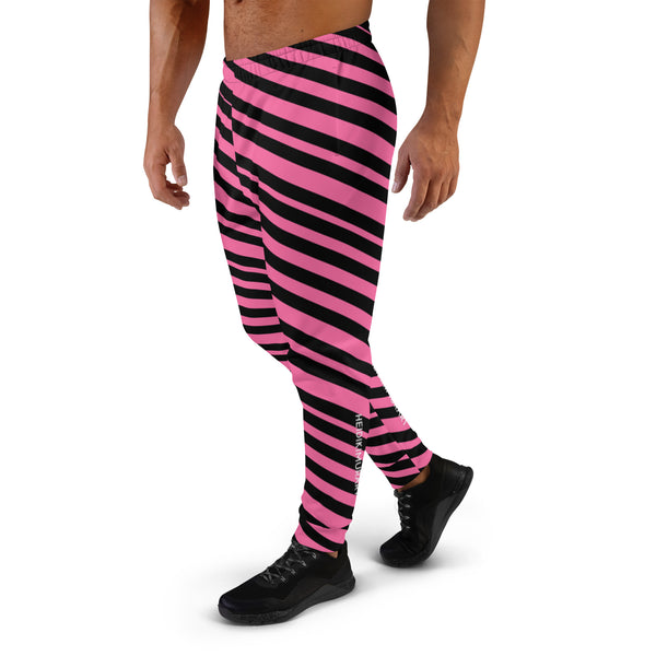 Black Pink Stripes Men's Joggers, Diagonally Striped Designer Colorful Best Quality Rave Party Gay-Friendly Designer Ultra Soft & Comfortable Men's Joggers, Men's Jogger Pants-Made in USA/MX/EU (US Size: XS-3XL)