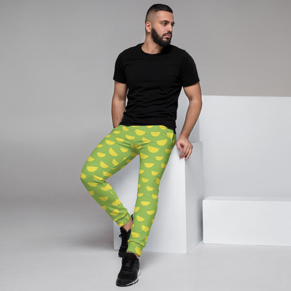 Half Moon Green Men's Joggers, Abstract Green Yellow Best Designer Colorful Best Quality Rave Party Gay-Friendly Designer Ultra Soft & Comfortable Men's Joggers, Men's Jogger Pants-Made in USA/MX/EU (US Size: XS-3XL)