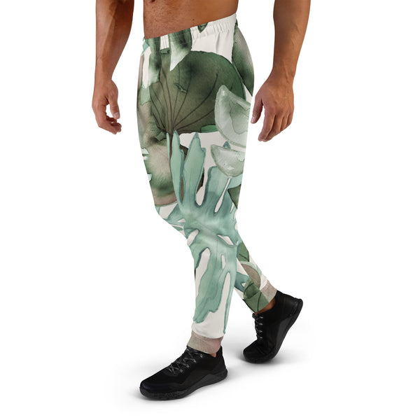 Tropical Watercolor Print Men's Joggers, Tropical Leaves Print Best Slim-Fit Designer Ultra Soft & Comfortable Men's Joggers, Men's Jogger Pants-Made in USA/EU/MX (US Size: XS-3XL) 