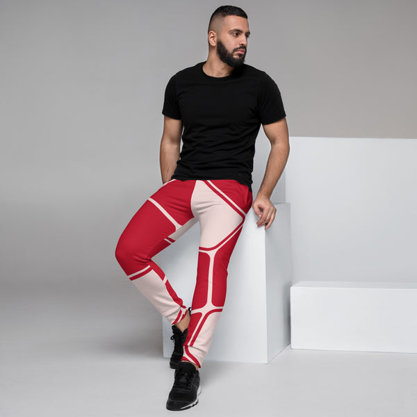Red Abstract Geometric Men's Joggers, Red White Designer Premium Sweatpants For Men - Made in USA/EU/MX
