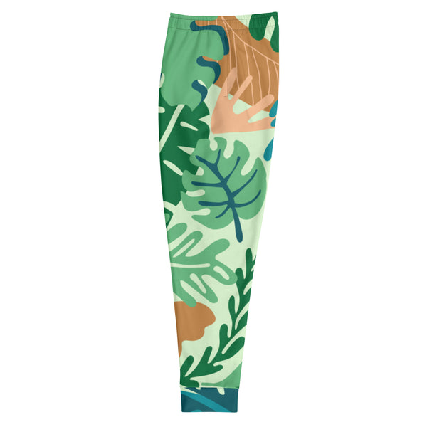 Green Tropical Leaf Men's Sweatpants, Blue Green Tropical Leaves Print Sweatpants For Men, Modern Slim-Fit&nbsp;Designer Ultra Soft &amp; Comfortable Men's Joggers, Men's Jogger Pants-Made in USA/EU/MX (US Size: XS-3XL)