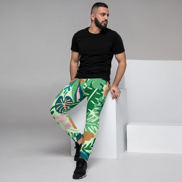 Green Tropical Leaf Men's Sweatpants, Blue Green Tropical Leaves Print Sweatpants For Men, Modern Slim-Fit&nbsp;Designer Ultra Soft &amp; Comfortable Men's Joggers, Men's Jogger Pants-Made in USA/EU/MX (US Size: XS-3XL)