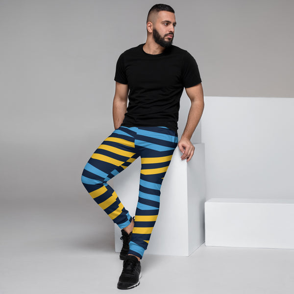 Blue Yellow Striped Men's Joggers, Colorful Geometric Men's Pants-Made in USA/EU/MX (US Size: XS-3XL)
