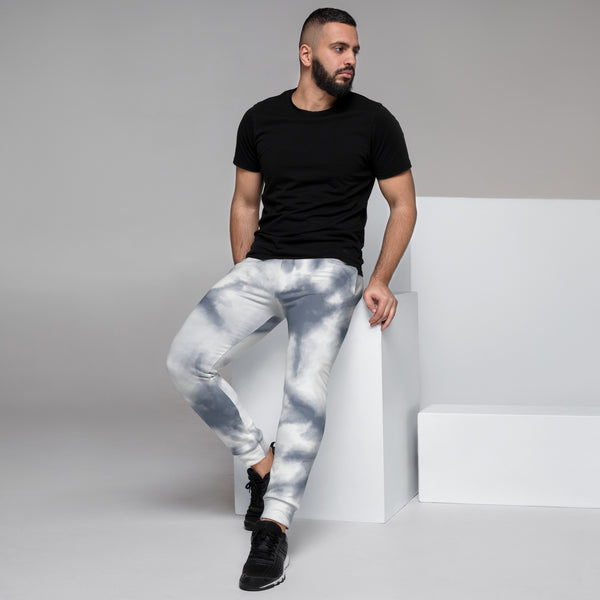 Grey White Abstract Men's Joggers, Tie Dye Designer Premium Sweatpants For Men - Made in USA/EU/MX
