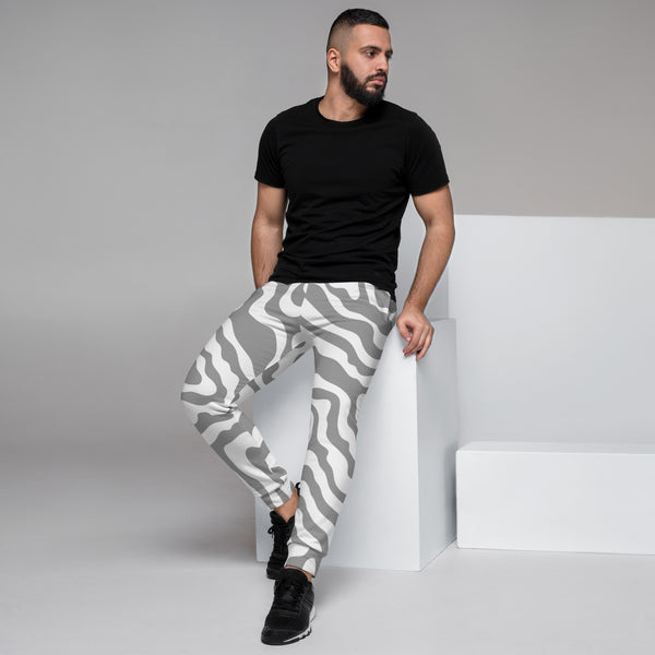 Grey White Abstract Men's Joggers, Gray White Designer Premium Sweatpants For Men - Made in USA/EU/MX