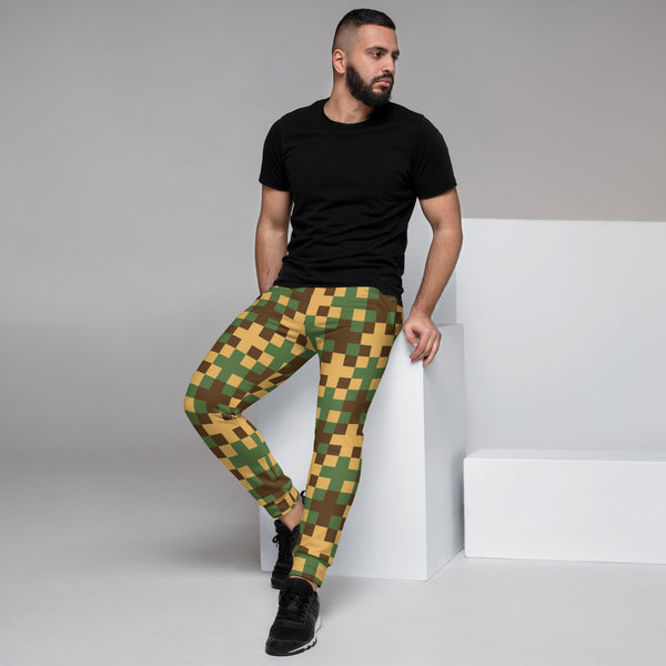 Green Yellow Cross Men's Joggers, Pixelated Abstract Print Sweatpants For Men, Modern Slim-Fit&nbsp;Designer Ultra Soft &amp; Comfortable Men's Joggers, Men's Jogger Pants-Made in USA/EU/MX (US Size: XS-3XL)
