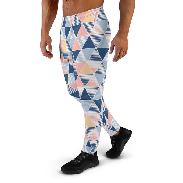 Pink Blue Triangular Men's Joggers, Abstract Print Sweatpants For Men, Modern Slim-Fit&nbsp;Designer Ultra Soft &amp; Comfortable Men's Joggers, Men's Jogger Pants-Made in USA/EU/MX (US Size: XS-3XL)