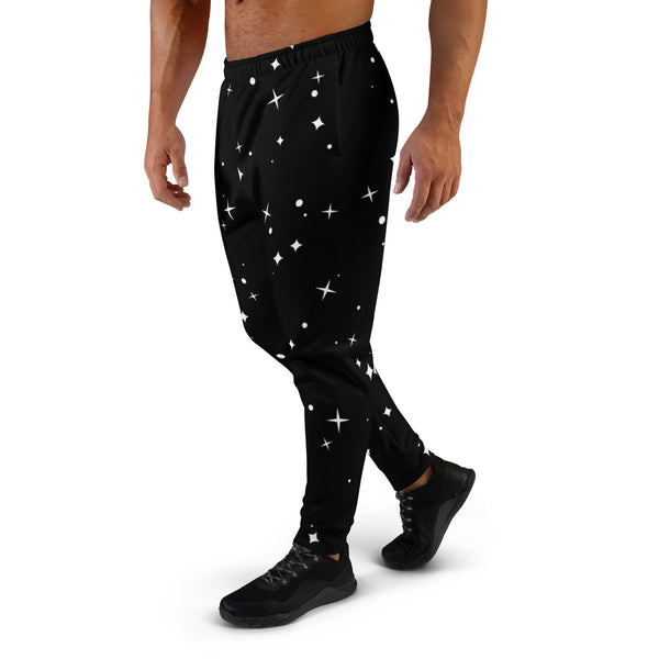 Black White Sparkles Men's Joggers, Stars Print Designer Men's Jogging Pants&nbsp; Casual&nbsp;Minimalist Slim-Fit&nbsp;Designer Ultra Soft &amp; Comfortable Men's Joggers, Men's Jogger Pants-Made in USA/EU/MX (US Size: XS-3XL)&nbsp;&nbsp;
