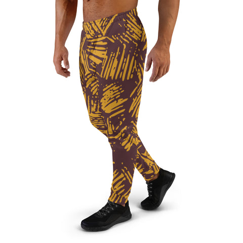 Yellow Brown Abstract Men's Joggers, Abstract Afro Style Print Designer Premium Sweatpants For Men - Made in USA/EU/MX
