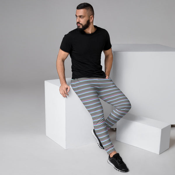 Grey Horizontal Striped Men's Joggers, Modern Stripes Best Designer Abstract Sweatpants For Men, Modern Slim-Fit Designer Ultra Soft & Comfortable Men's Joggers, Men's Jogger Pants-Made in EU/MX (US Size: XS-3XL)