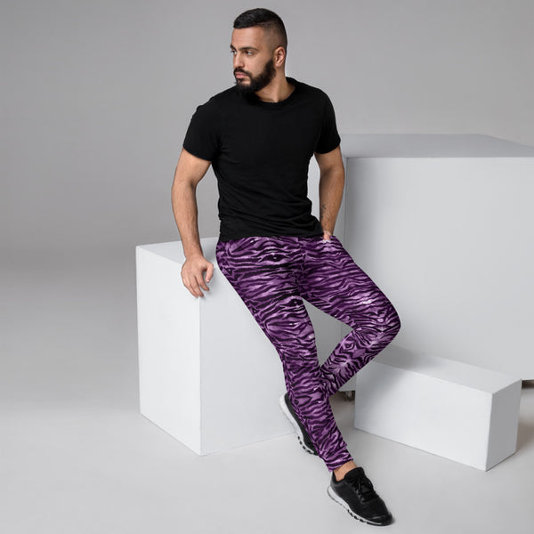 Purple Tiger Striped Men's Joggers, Wild Animal Print Fun Rocker Fan's Best Sweatpants For Men, Modern Slim-Fit Designer Ultra Soft & Comfortable Men's Joggers, Men's Jogger Pants-Made in EU/MX (US Size: XS-3XL)
