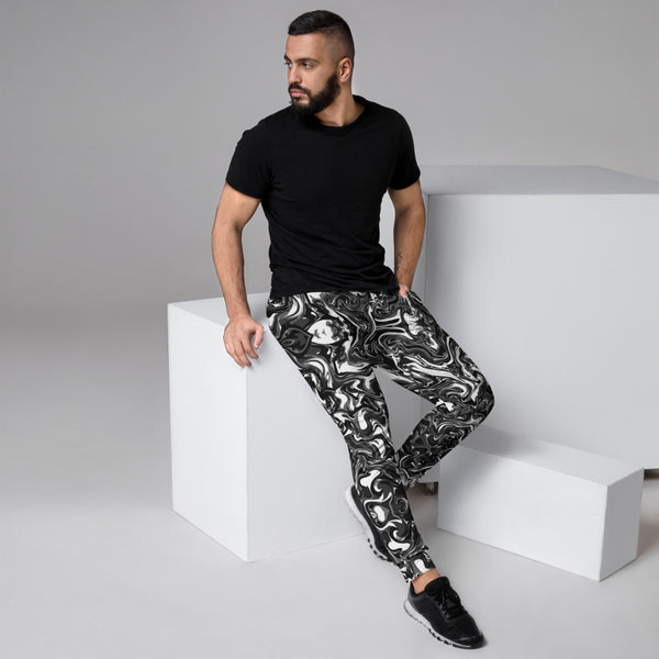 Black Marbled Men's Joggers, Abstract Black Marble Print Abstract Sweatpants For Men, Modern Slim-Fit Designer Ultra Soft & Comfortable Men's Joggers, Men's Jogger Pants-Made in EU/MX (US Size: XS-3XL)